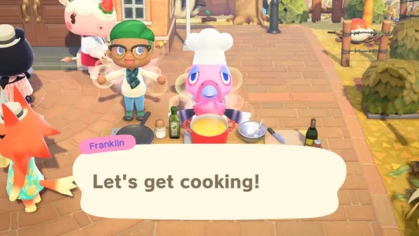 Franklin the turkey at the Turkey Day feast. cooking, animal crossing new horizons, leif, animal crossing
