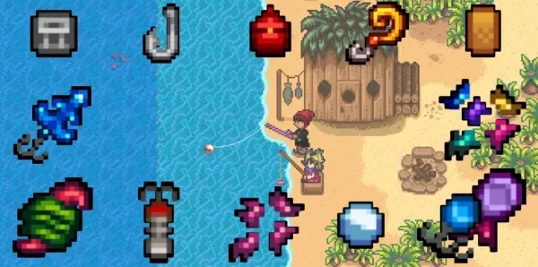 Fishing with Tackle A farmer and Birdie are fishing on Ginger Island, surrounded by tackle, bait, and a Pearl.