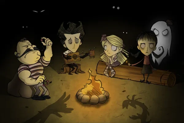 Wolfgang, Wilson playing guitar, Wendy + mad Abby, and Willow by a campfire Wolfgang, Wilson playing guitar, Wendy + mad Abby, and Willow by a campfire