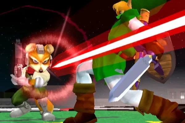 Fox fires at Link as Link dodges the laser blast. super smash bros. melee, melee, melee best characters, melee list, melee easy characters, melee beginner characters