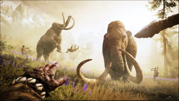 A charging mammoth attacks a warrior A charging mammoth attacks a warrior