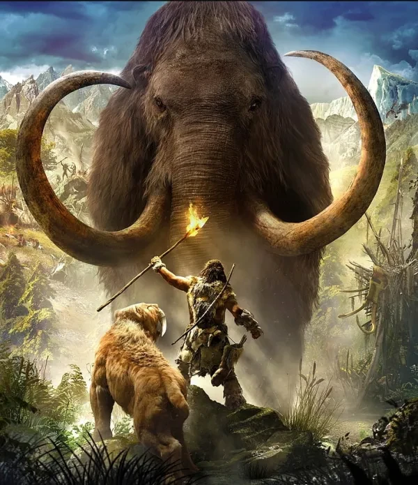 A warrior and his Companion face a giant Mammoth A warrior and his Companion face a giant Mammoth