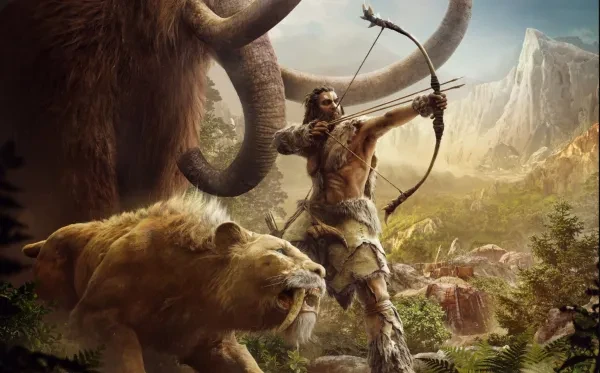 A warrior poses with his bow and companions A warrior poses with his bow and companions
