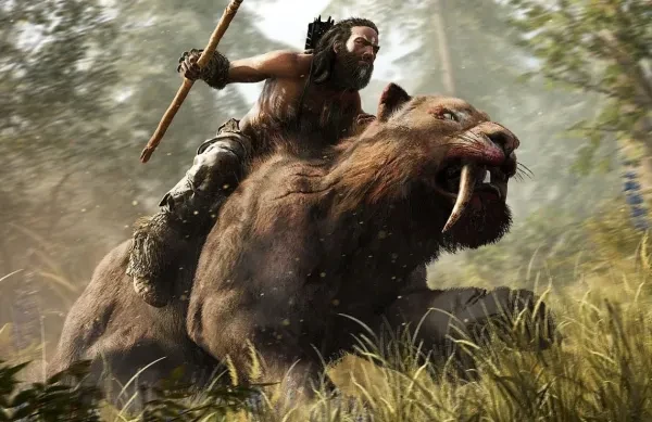 A warrior rides a sabretooth and carries a spear A warrior rides a sabretooth and carries a spear