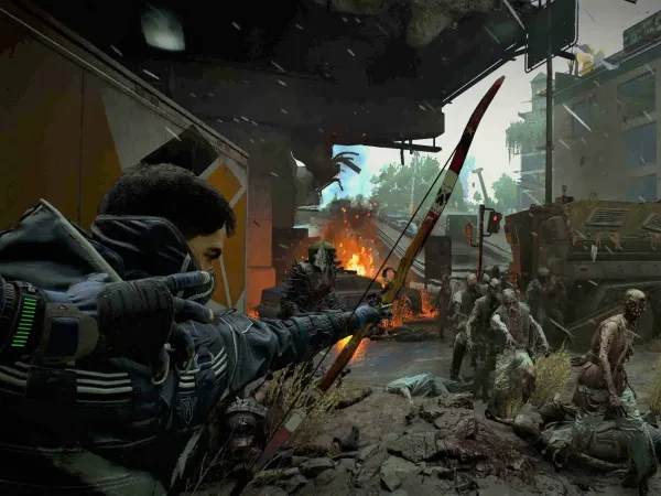 Dying Light 2 Top Three Bows Aiden shooting an arrow at some zombies.