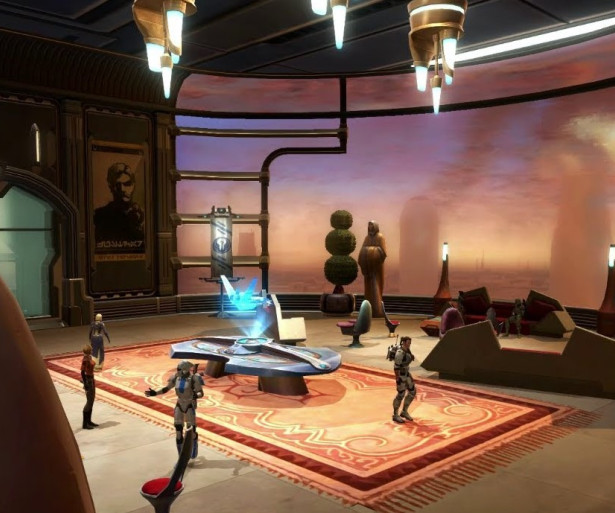 The Coruscant Apartment's main room with a beautiful skyline.
