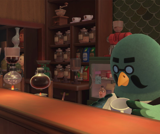 brewster, coffee, animal crossing new horizons, animal crossing, the roost