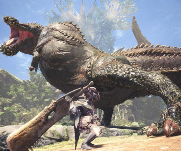 Hunter with greatsword preparing to strike a Deviljho