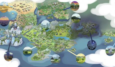 A map of the Sims 4 worlds.