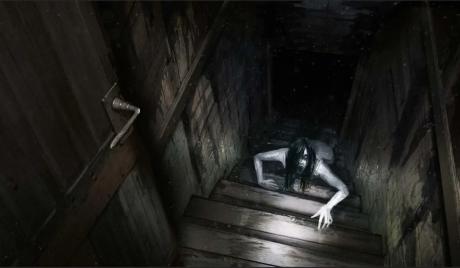 Ghost woman crawling up the dark stairs in a basement.