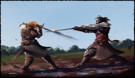 Two warriors clash swords in the mud in the middle of a bright sunny day.