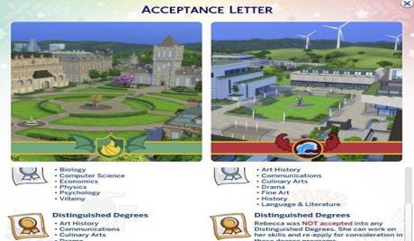 An acceptance letter from the Sims 4 Discover University.