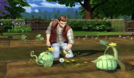 A sim gardening in The Sims 4.