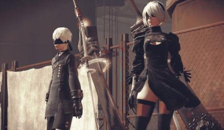 2B and 9S stand in the Resistance Camp