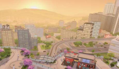 A picture of the sun rising over the Sims 4 world of San Myshuno, showing off the city.