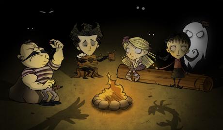 Wolfgang, Wilson playing guitar, Wendy + mad Abby, and Willow by a campfire